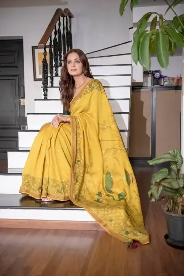 Indian Actress Dia Mirza Images In Traditional Yellow Color Saree